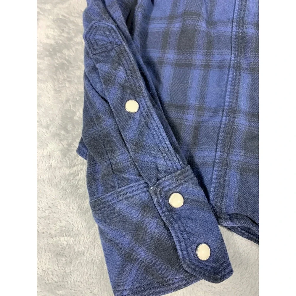 True Religion Mens S Western Pearl Snap Plaid Navy Blue Black Long Sleeve Shirt
